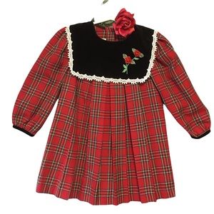 Youngland Xmas Dress Red Tartan Plaid Black Velvet Lg collar emb roses white la…